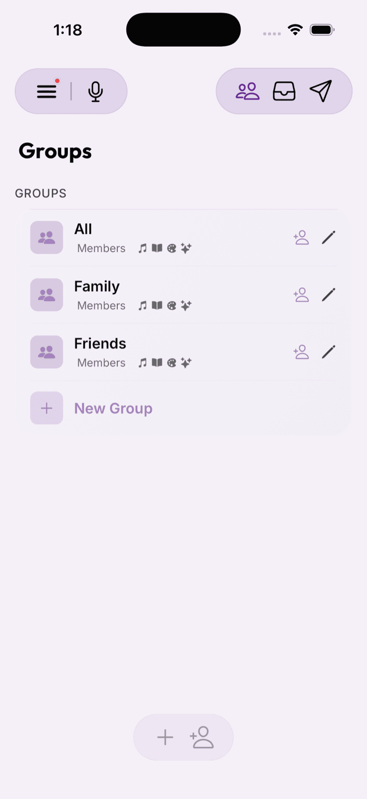 Community — share with people you trust, organized into groups.
