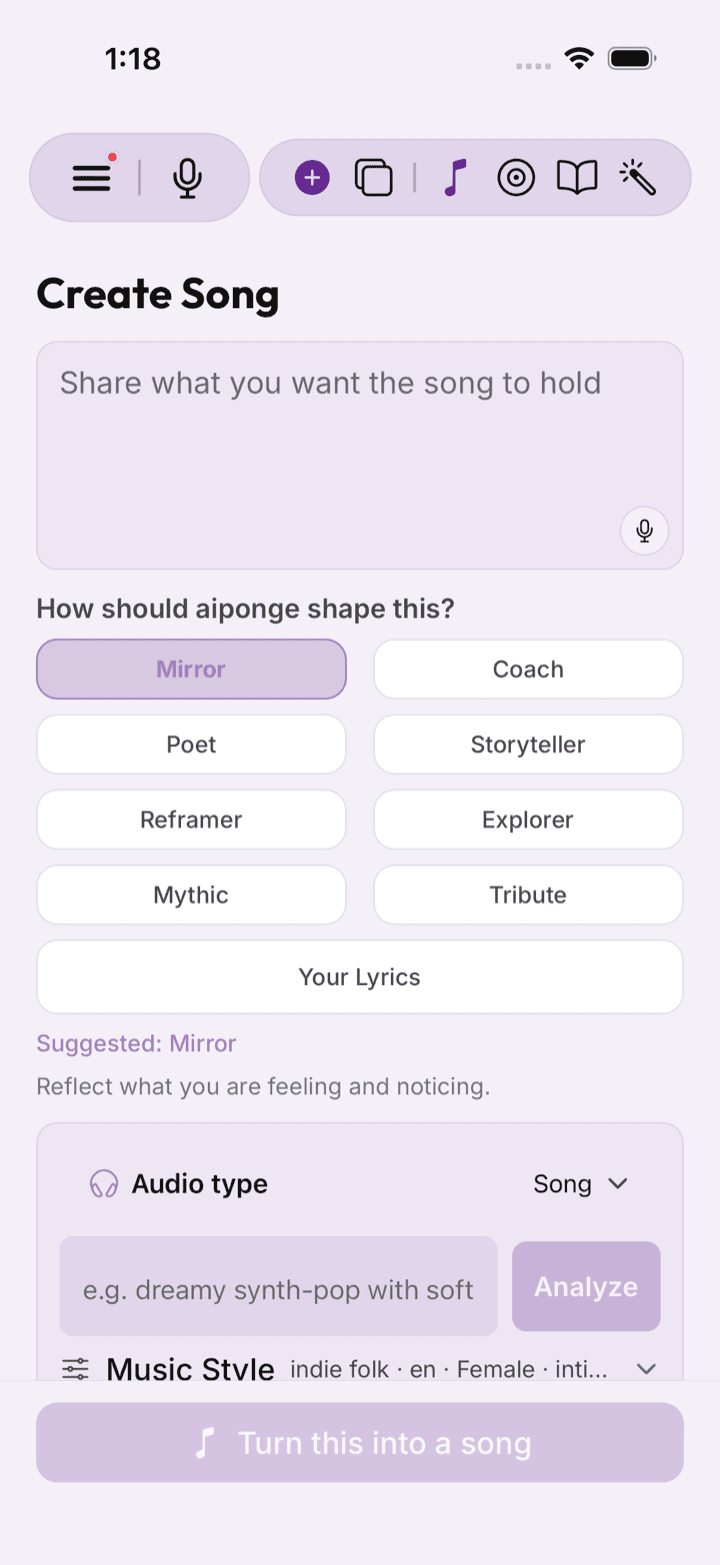 Create — start from a thought, choose how aiponge shapes it, and turn it into a song.